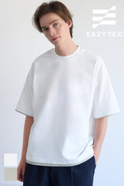 Men's Japanese style layered fake two-piece design round neck solid color T-shirt