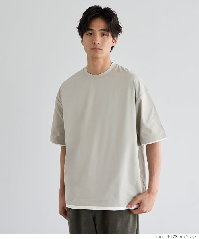 Men's Japanese style layered fake two-piece design round neck solid color T-shirt