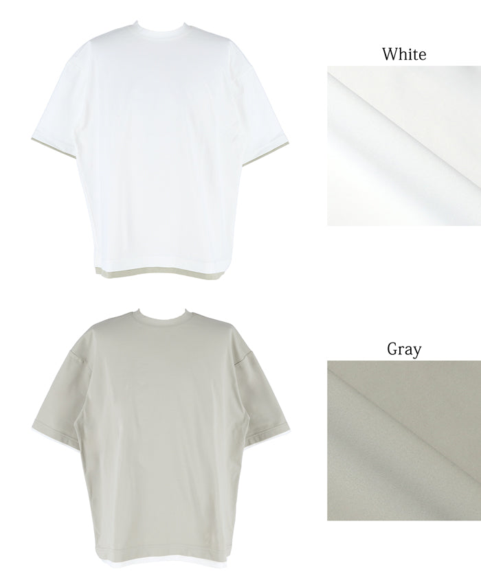 Men's Japanese style layered fake two-piece design round neck solid color T-shirt
