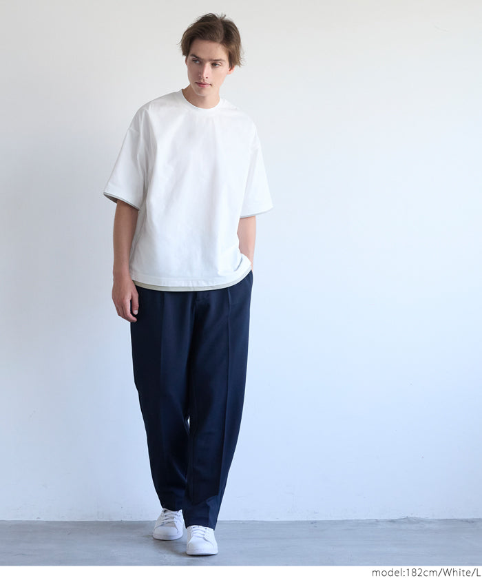 Men's Japanese style layered fake two-piece design round neck solid color T-shirt