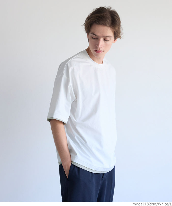 Men's Japanese style layered fake two-piece design round neck solid color T-shirt