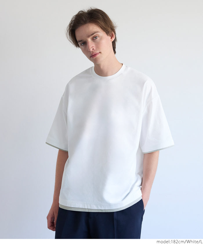Men's Japanese style layered fake two-piece design round neck solid color T-shirt