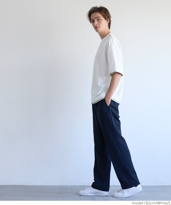 Men's Japanese style layered fake two-piece design round neck solid color T-shirt