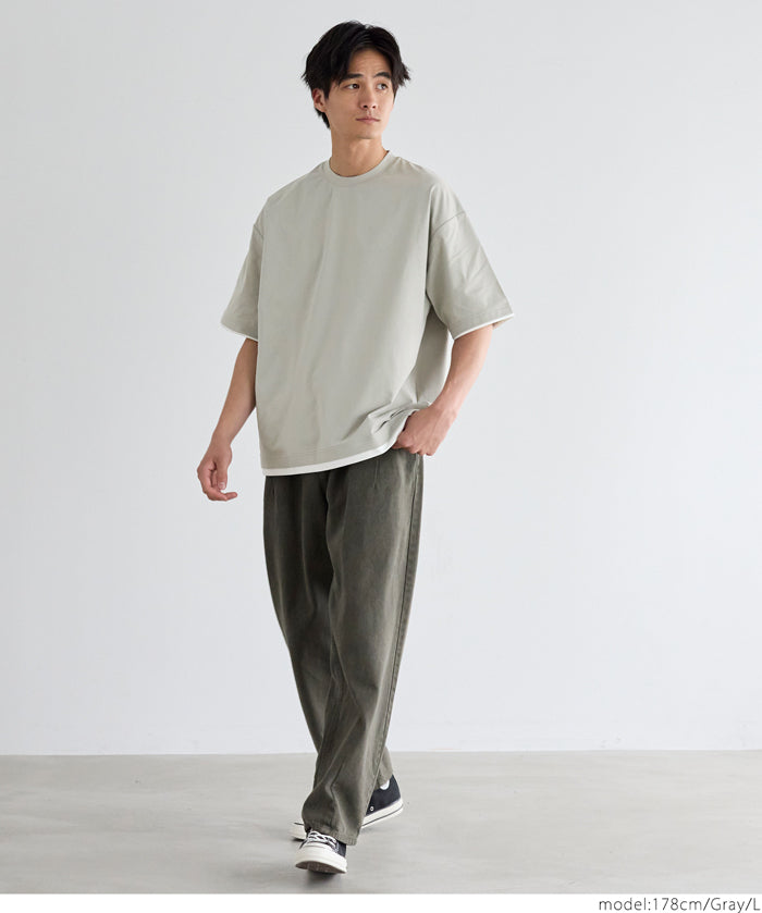 Men's Japanese style layered fake two-piece design round neck solid color T-shirt