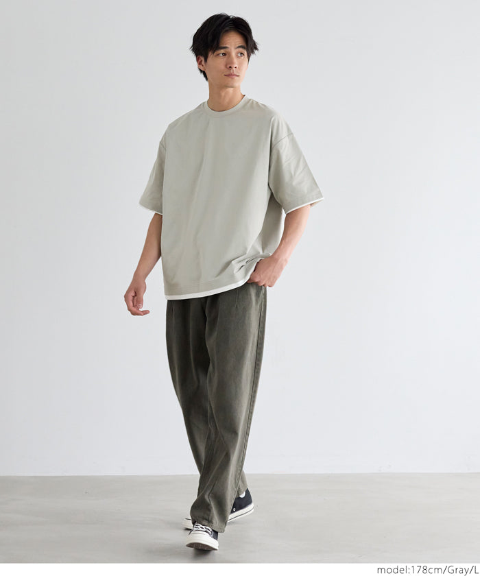 Men's Japanese style layered fake two-piece design round neck solid color T-shirt
