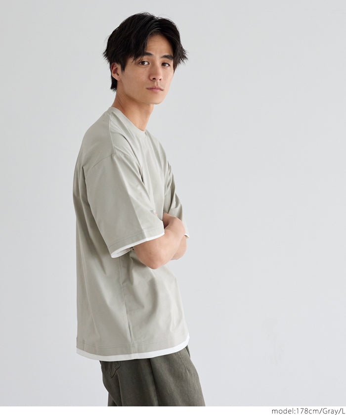 Men's Japanese style layered fake two-piece design round neck solid color T-shirt