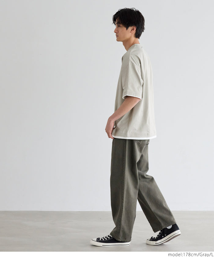 Men's Japanese style layered fake two-piece design round neck solid color T-shirt