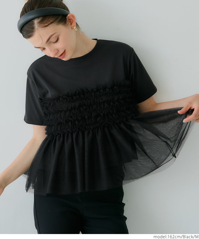 Japanese design fake two-piece tulle tube top short-sleeved Tee