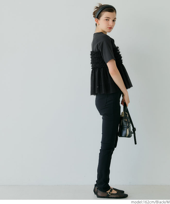 Japanese design fake two-piece tulle tube top short-sleeved Tee