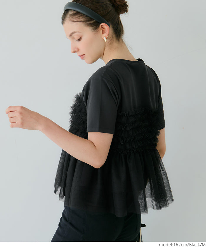 Japanese design fake two-piece tulle tube top short-sleeved Tee