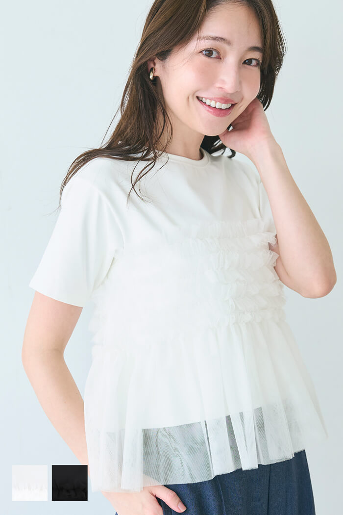 Japanese design fake two-piece tulle tube top short-sleeved Tee