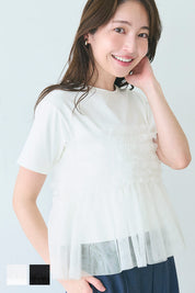 Japanese design fake two-piece tulle tube top short-sleeved Tee