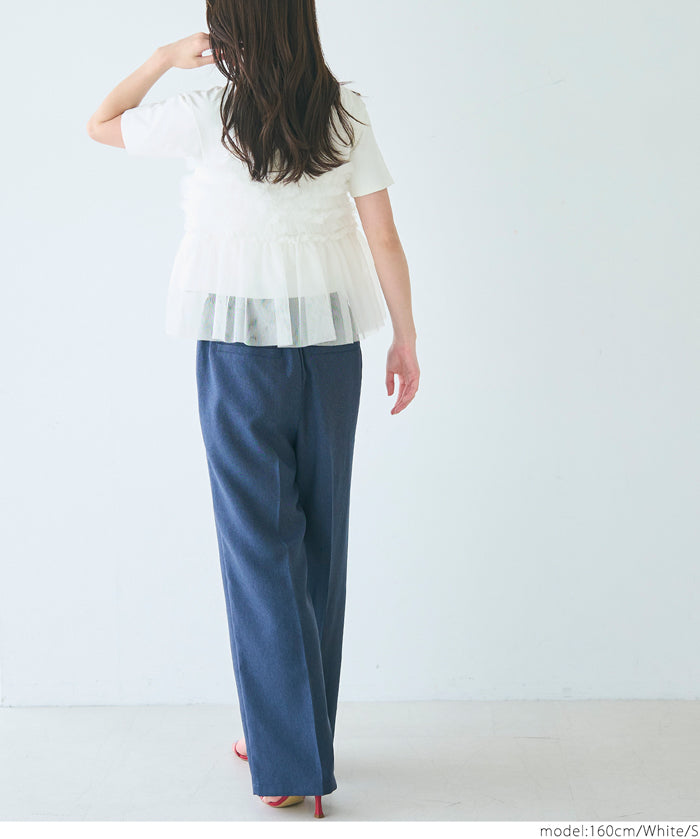 Japanese design fake two-piece tulle tube top short-sleeved Tee