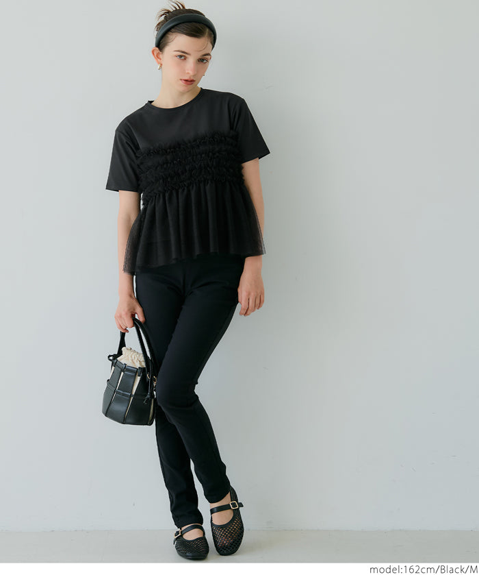 Japanese design fake two-piece tulle tube top short-sleeved Tee