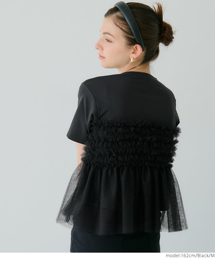 Japanese design fake two-piece tulle tube top short-sleeved Tee