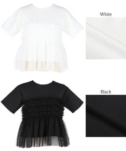 Japanese design fake two-piece tulle tube top short-sleeved Tee
