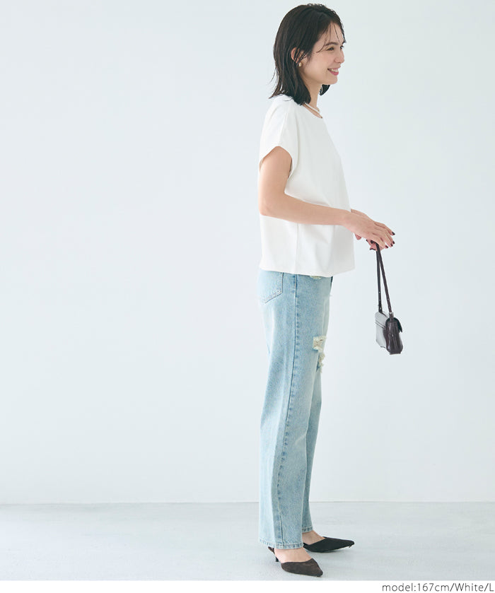 Silky-touch French-sleeved slim-fit short-sleeved top