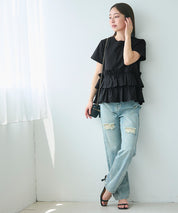 Silky touch ruffled short-sleeved babydoll top