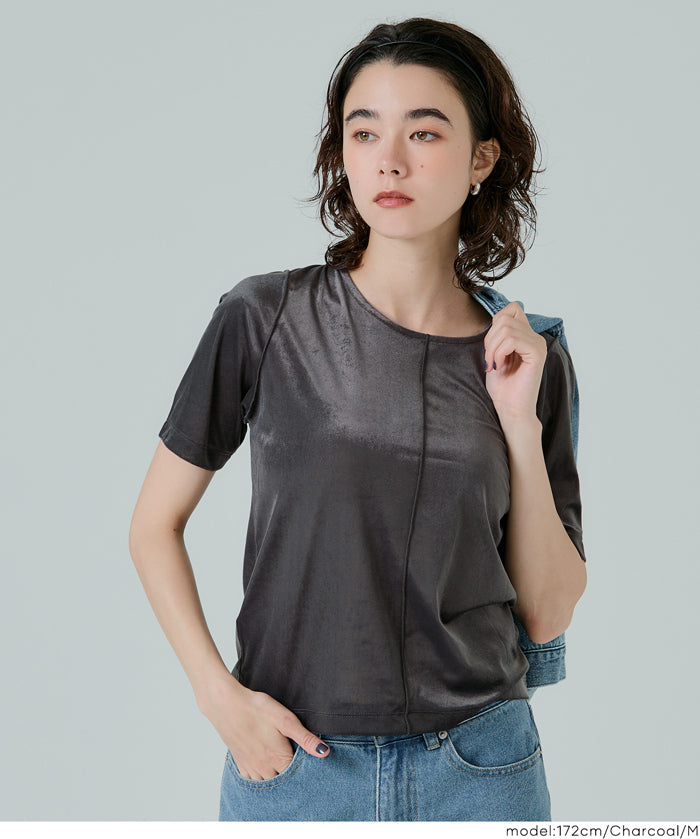 氣質垂感絲絨中線短袖上衣
