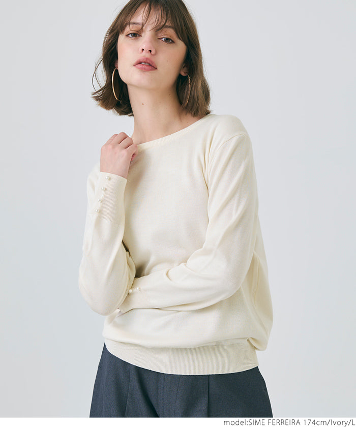 Pearl cuff crew neck knit top