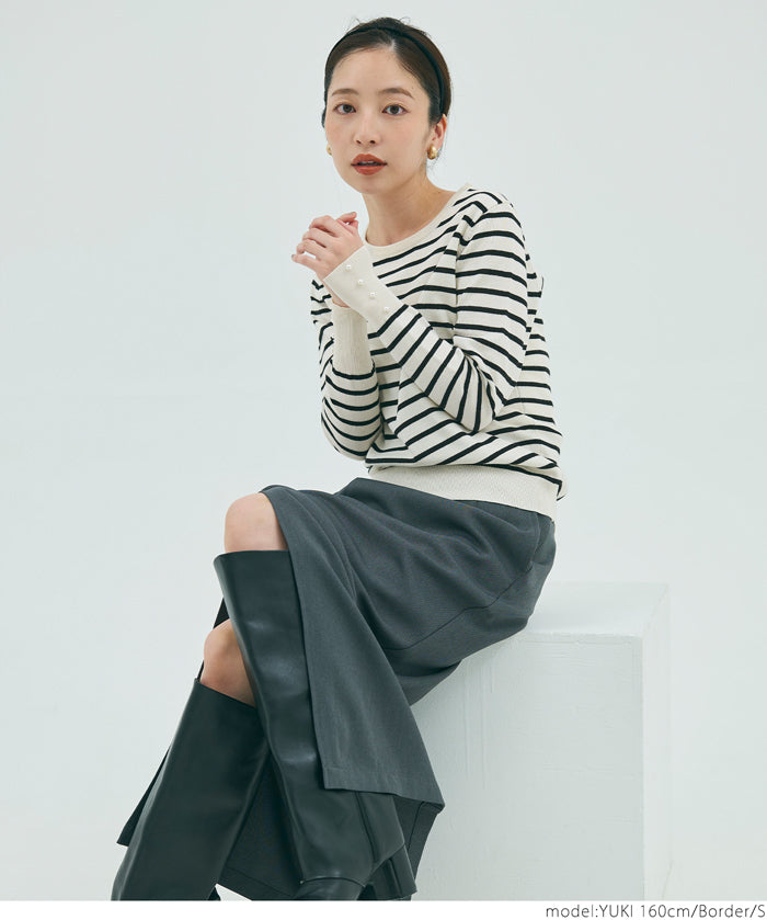 Pearl cuff crew neck knit top