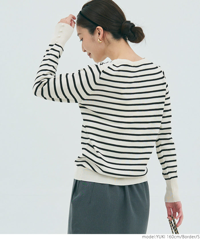 Pearl cuff crew neck knit top