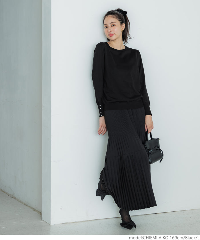 Pearl cuff crew neck knit top