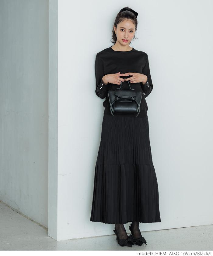 Pearl cuff crew neck knit top