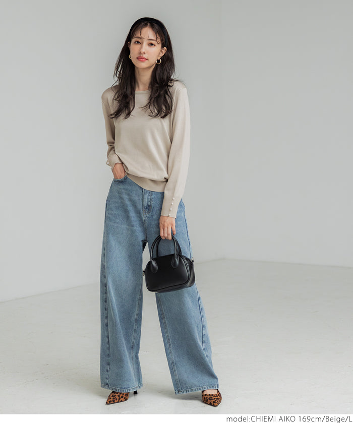 Pearl cuff crew neck knit top