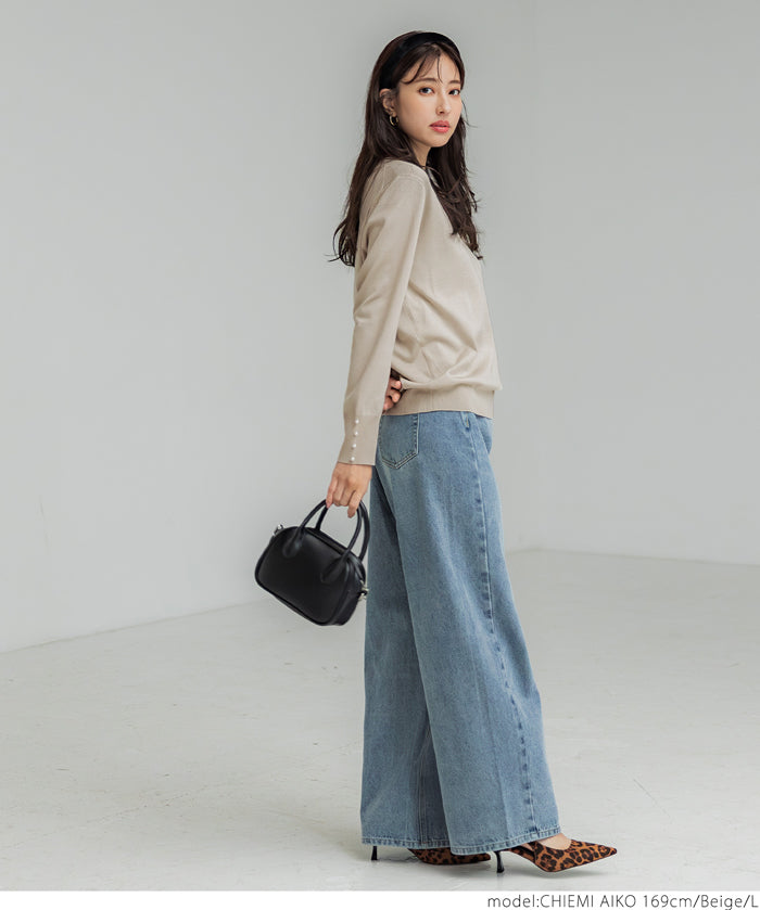 Pearl cuff crew neck knit top