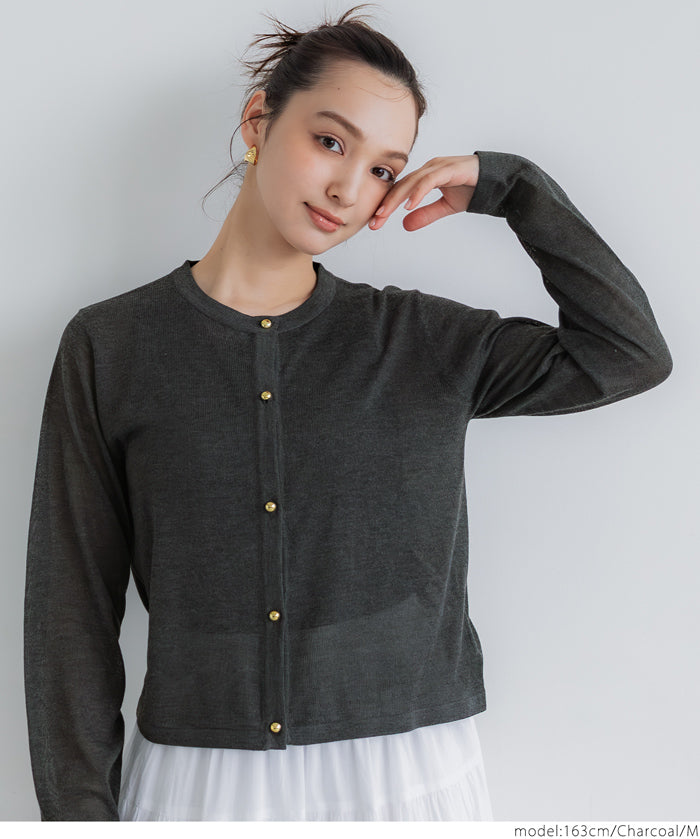 Temperament gold button sheer thin knitted long-sleeved cardigan