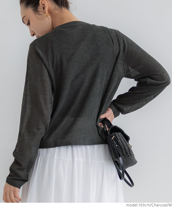 Temperament gold button sheer thin knitted long-sleeved cardigan