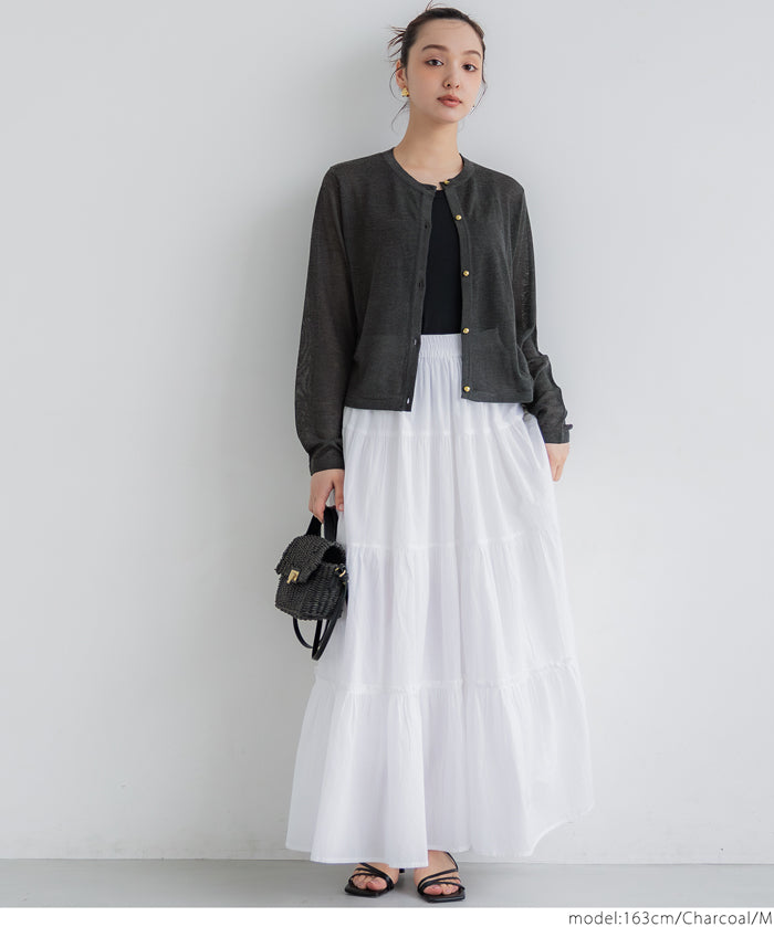 Temperament gold button sheer thin knitted long-sleeved cardigan