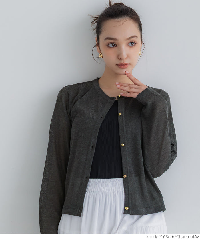 Temperament gold button sheer thin knitted long-sleeved cardigan