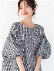 Plaid puff short-sleeved loose top