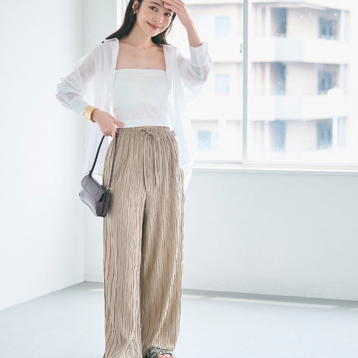 日系寬版 水波紋薄款多色休閒褲  (Wave pleated pants)