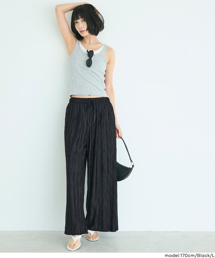 日系寬版 水波紋薄款多色休閒褲  (Wave pleated pants)
