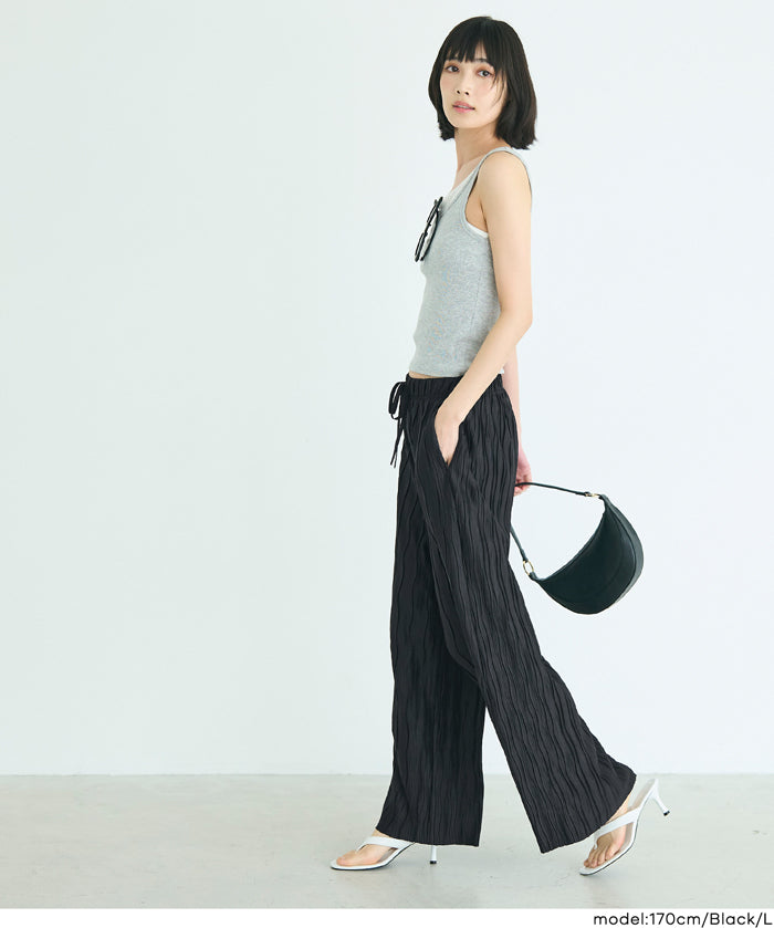 日系寬版 水波紋薄款多色休閒褲  (Wave pleated pants)