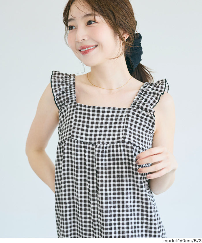 【期間限定價格】 楊柳抽褶日系荷葉背心連身褲 (Shirring All-in-One)
