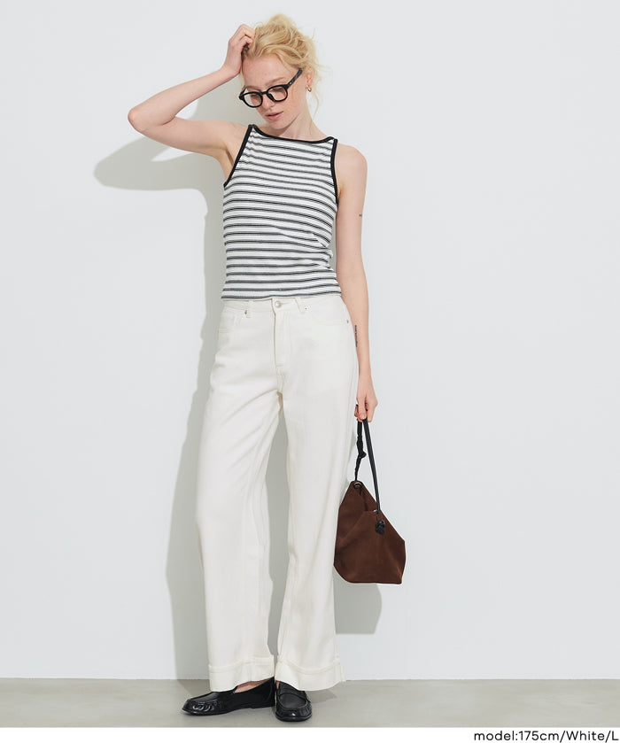 【可配套】反摺設計棉質白色闊腿褲(Cotton roll-up pants)