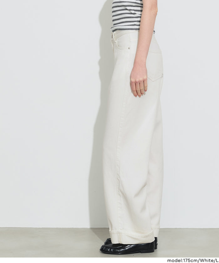 【可配套】反摺設計棉質白色闊腿褲(Cotton roll-up pants)