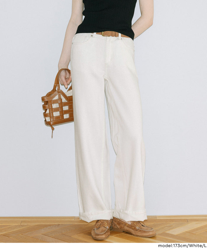 【可配套】反摺設計棉質白色闊腿褲(Cotton roll-up pants)