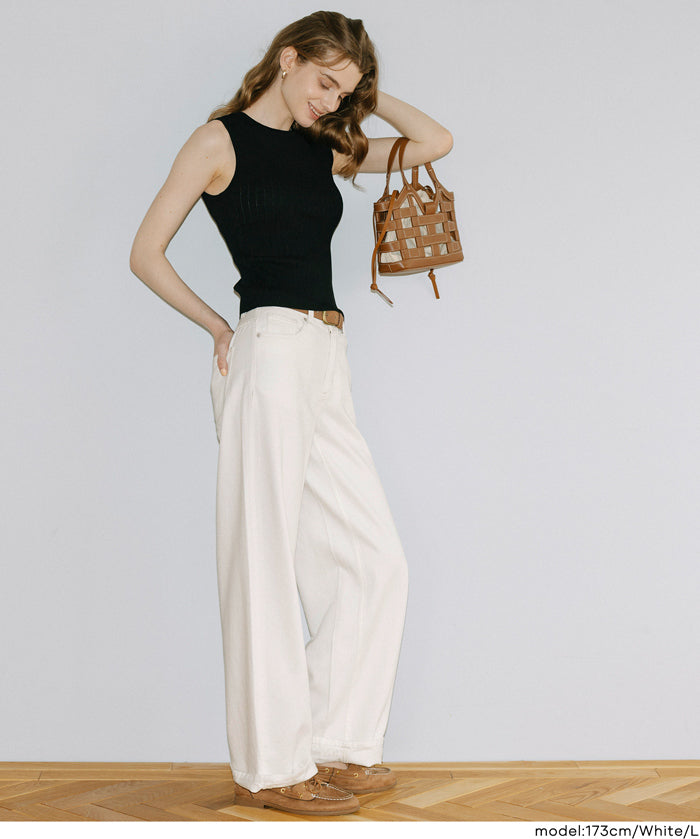 【可配套】反摺設計棉質白色闊腿褲(Cotton roll-up pants)