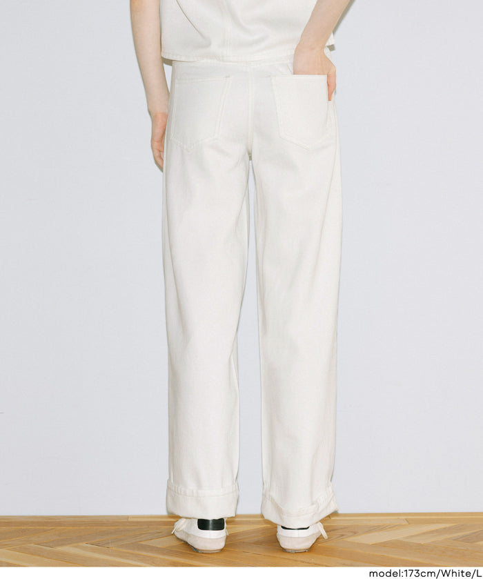 【可配套】反摺設計棉質白色闊腿褲(Cotton roll-up pants)