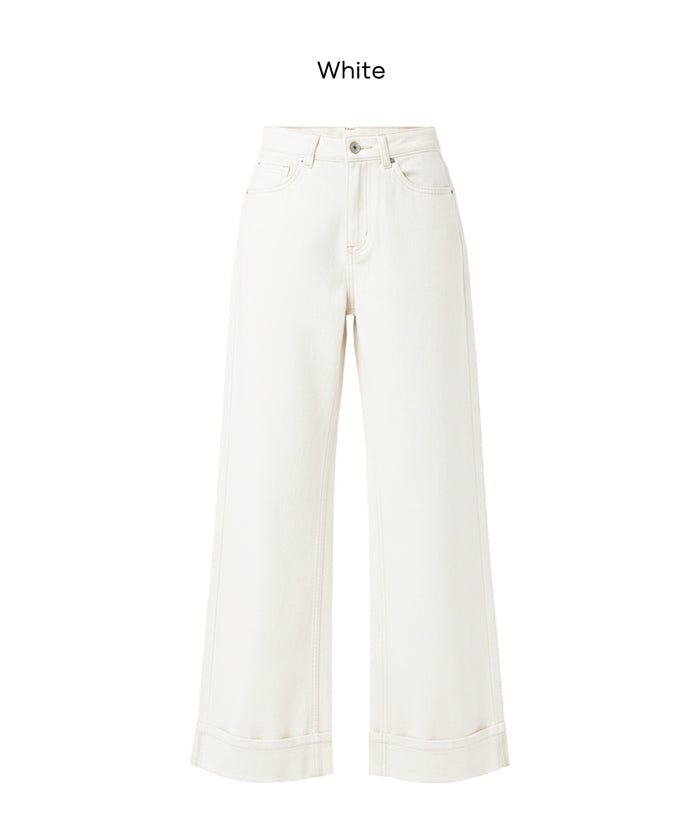 【可配套】反摺設計棉質白色闊腿褲(Cotton roll-up pants)