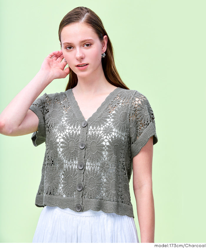 Japanese style lace short-sleeved cardigan