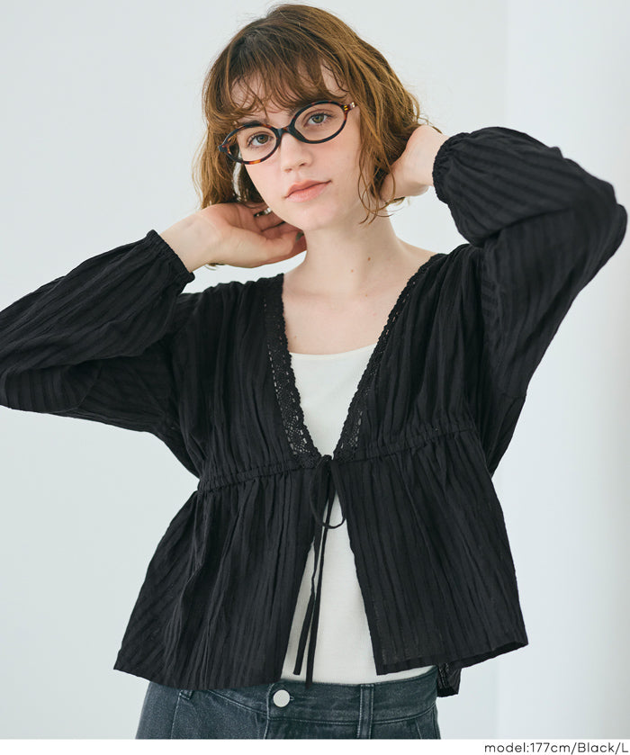日系甜美條紋蕾絲綁帶泡泡袖開衫