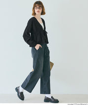 日系甜美條紋蕾絲綁帶泡泡袖開衫