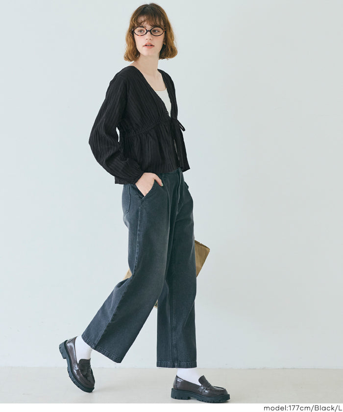 日系甜美條紋蕾絲綁帶泡泡袖開衫