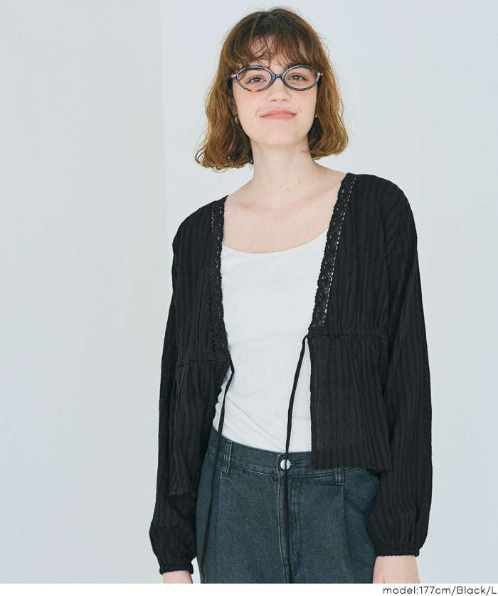 日系甜美條紋蕾絲綁帶泡泡袖開衫